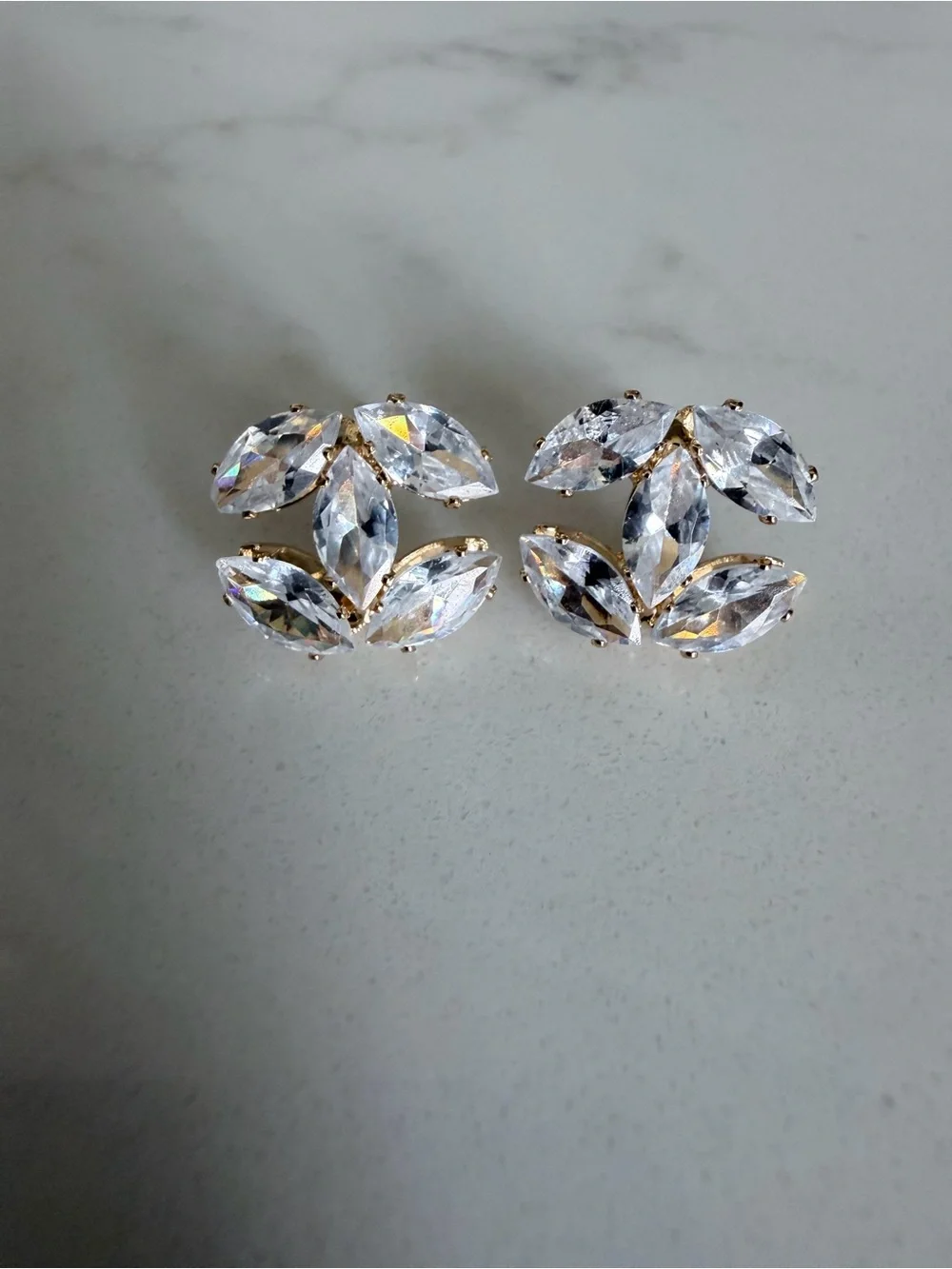Chanel Gold-Setting Clear Marquise Crystal Cluster Earrings - Women Jewelry